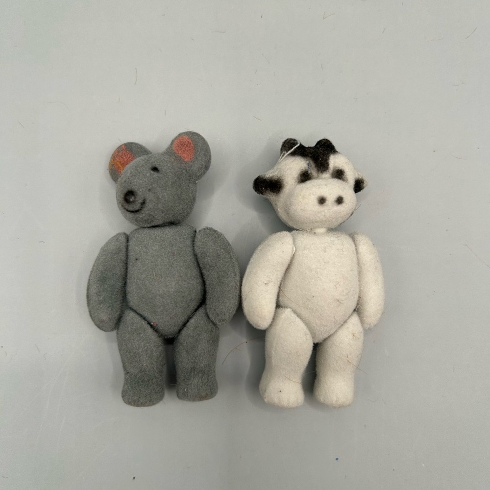 Vintage Miniature Flocked Plastic Mouse And Cow Characters Moveable Arms Legs